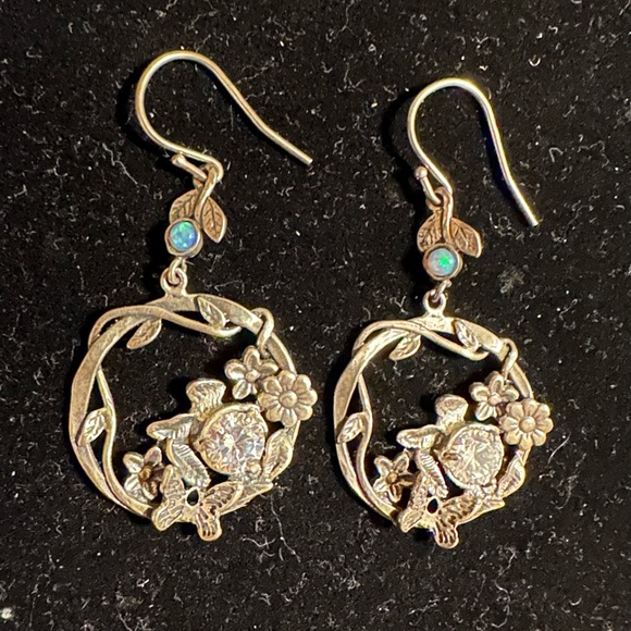 Sterling Silver Opal CZ Dangle Earrings Flowers Vines Butterfly Israel - Picture 1 of 5